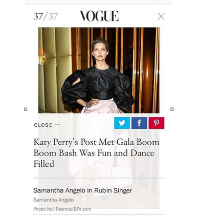 Vogue feature showing Samantha Angelo in Rubin Singer at Katy Perry’s post–Met Gala party.