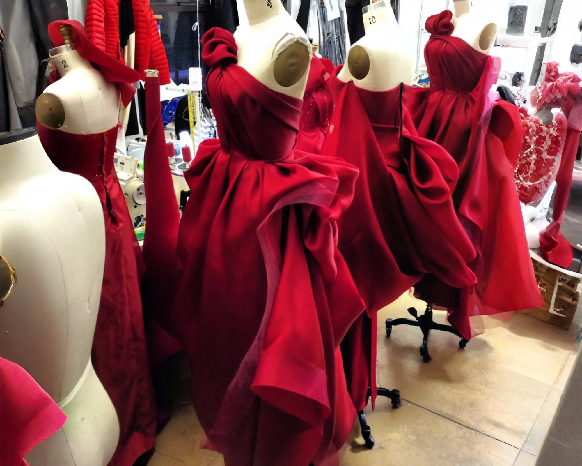 Red draped gowns on dress forms in the studio